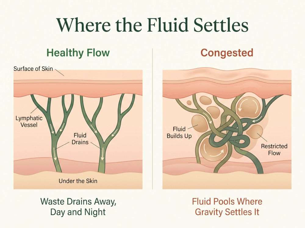 Where the fluid settles: in healthy flow waste drains away day and night; when congested, fluid pools where gravity settles it