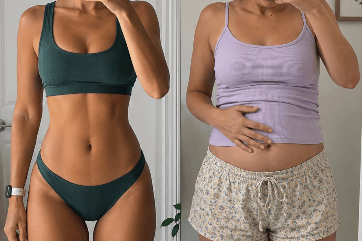 A flat morning stomach beside the same stomach bloated by evening