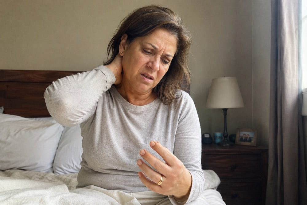 Woman sitting on the edge of her bed holding her stiff neck